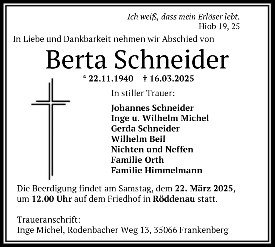 Todesanzeige von Berta Schneider von HNA