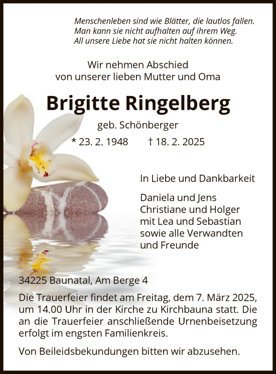 Todesanzeige von Brigitte Ringelberg von HNAHNA