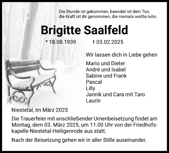 Todesanzeige von Brigitte Saalfeld von HNA