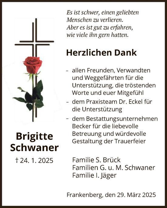 Todesanzeige von Brigitte Schwaner von HNA