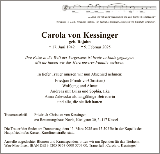 Todesanzeige von Carola von Kessinger von HNA