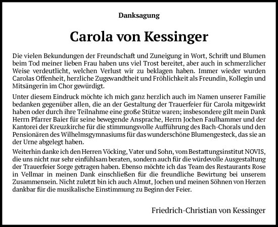 Todesanzeige von Carola von Kessinger von HNA