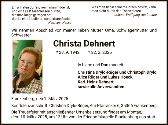Todesanzeige von Christa Dehnert von HNA