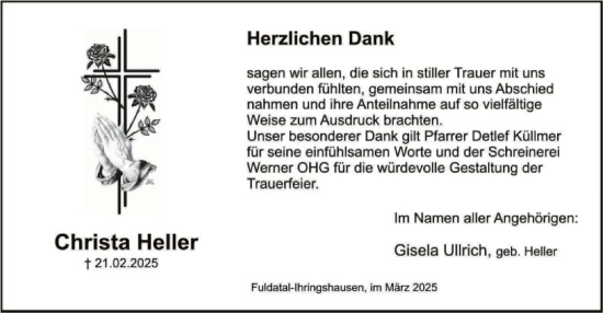 Todesanzeige von Christa Heller von HNAHNA