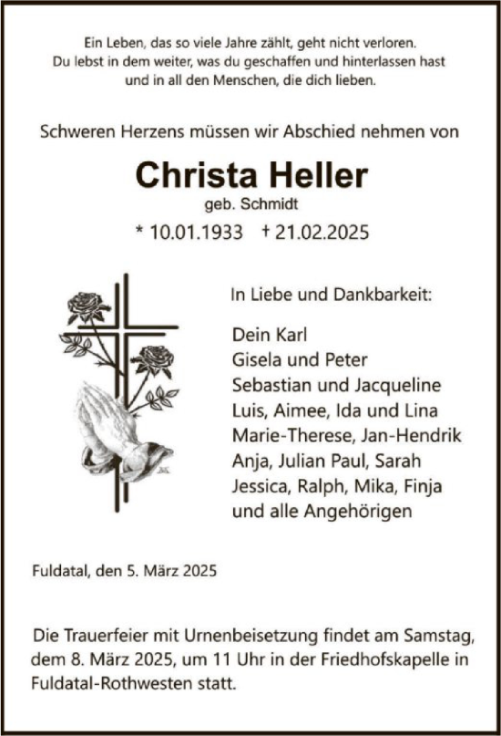 Todesanzeige von Christa Heller von HNAHNA