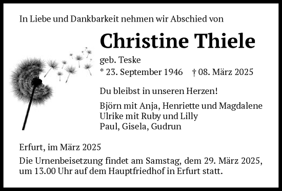 Todesanzeige von Christine Thiele von HNA