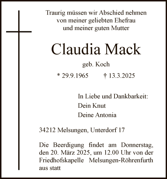 Todesanzeige von Claudia Mack von HNA