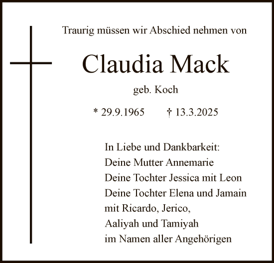 Todesanzeige von Claudia Mack von HNA