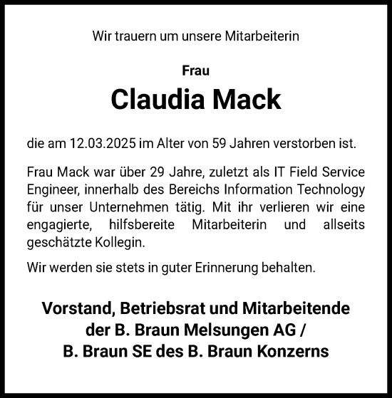 Todesanzeige von Claudia Mack von HNA