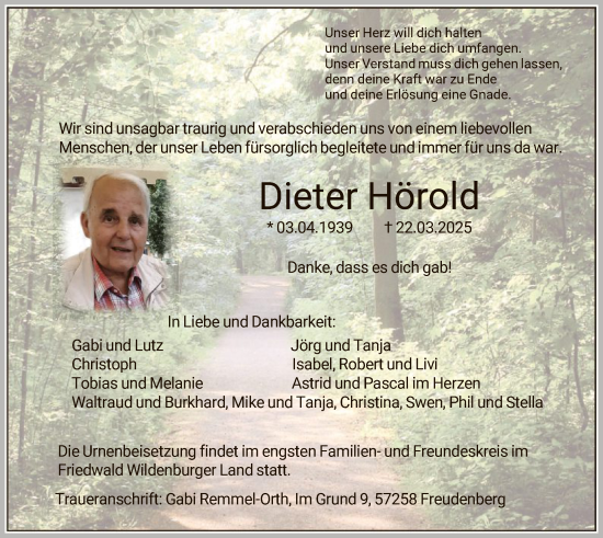 Todesanzeige von Dieter Hörold von HNAWLZ