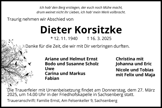 Todesanzeige von Dieter Korsitzke von WLZHNA