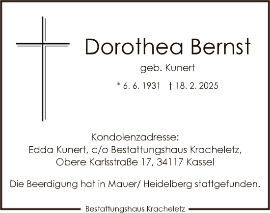 Todesanzeige von Dorothea Bernst von HNA
