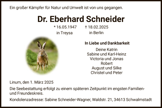 Todesanzeige von Eberhard Schneider von HNA