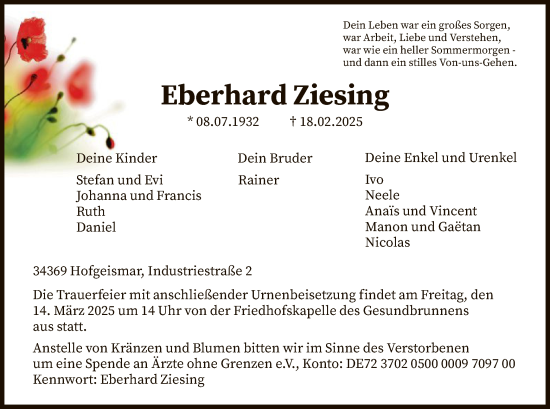 Todesanzeige von Eberhard Ziesing von HNA