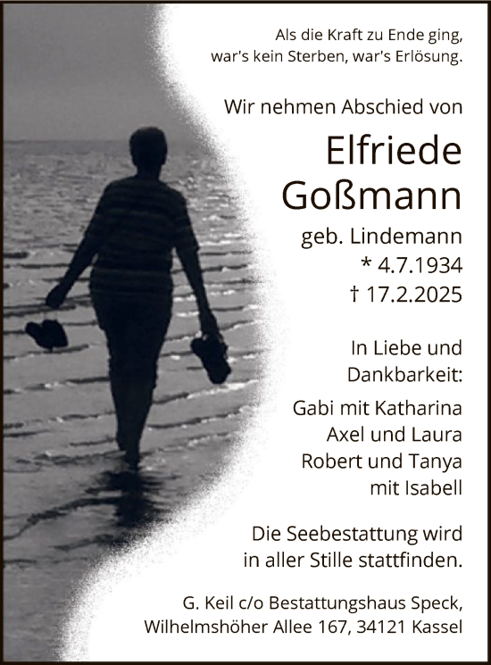 Todesanzeige von Elfriede Goßmann von HNA
