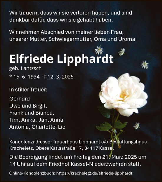 Todesanzeige von Elfriede Lipphardt von HNA