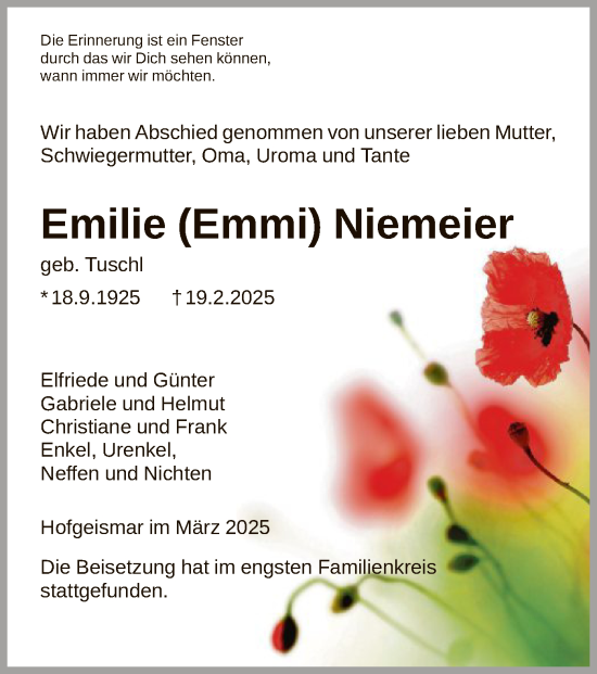 Todesanzeige von Emilie Niemeier von HNA