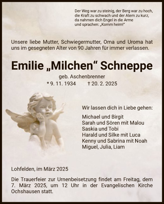 Todesanzeige von Emilie Schneppe von HNA