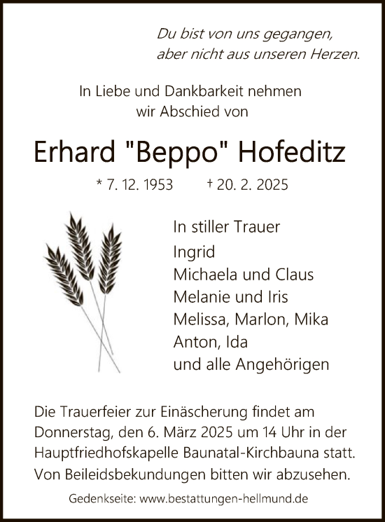 Todesanzeige von Erhard Hofeditz von HNA