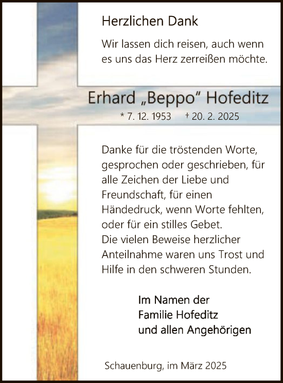 Todesanzeige von Erhard Hofeditz von HNA