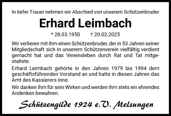 Todesanzeige von Erhard Leimbach von HNA