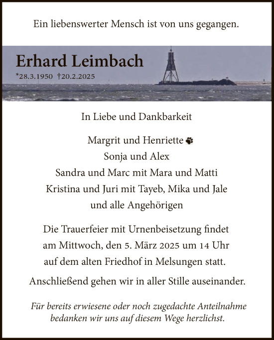 Todesanzeige von Erhard Leimbach von HNA