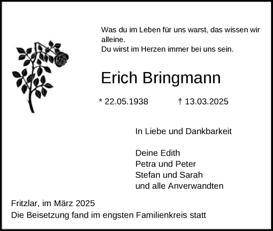 Todesanzeige von Erich Bringmann von HNA