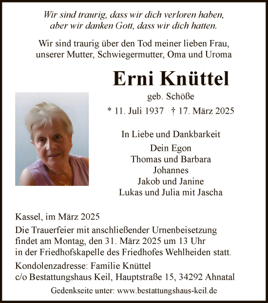 Todesanzeige von Erni Knüttel von HNAHNA