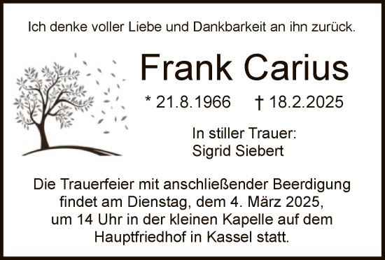 Todesanzeige von Frank Carius von HNA