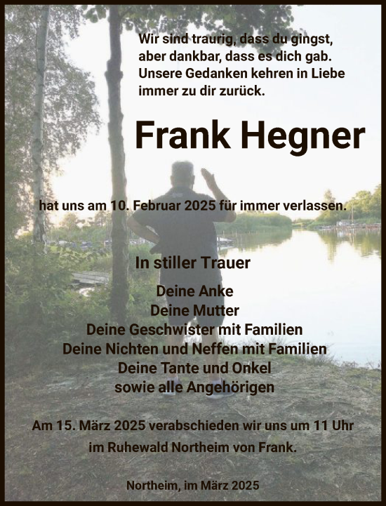 Todesanzeige von Frank Hegner von HNA