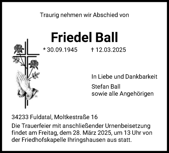 Todesanzeige von Friedel Ball von HNA