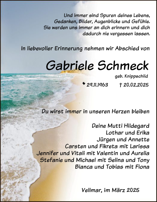 Todesanzeige von Gabriele Schmeck von HNA