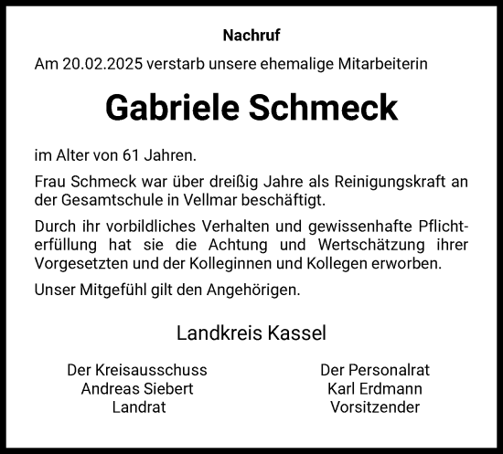 Todesanzeige von Gabriele Schmeck von HNA