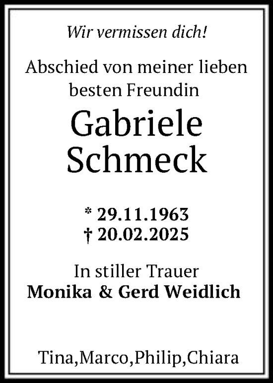Todesanzeige von Gabriele Schmeck von HNA