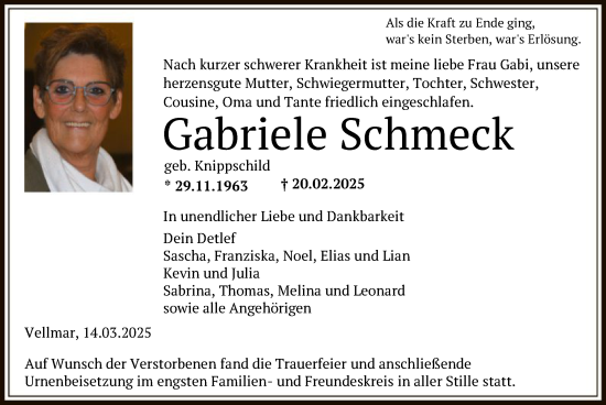 Todesanzeige von Gabriele Schmeck von HNA