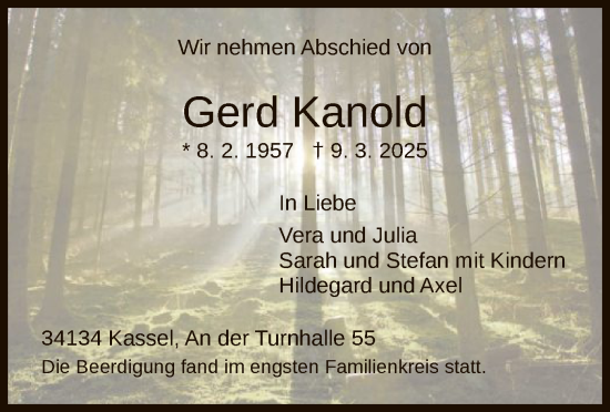 Todesanzeige von Gerd Kanold von HNA
