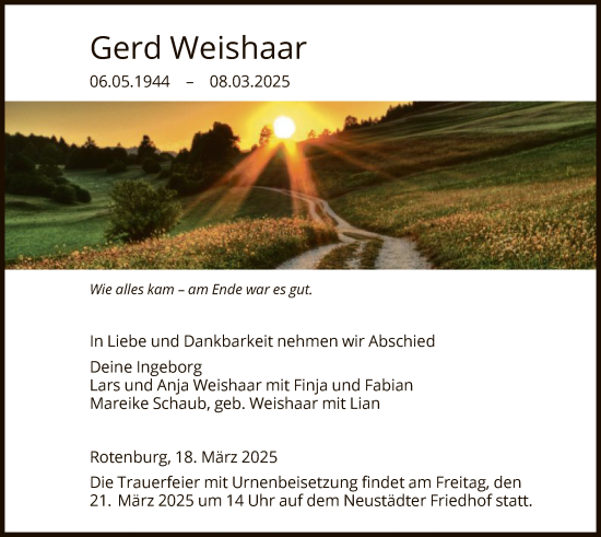 Todesanzeige von Gerd Weishaar von HNA