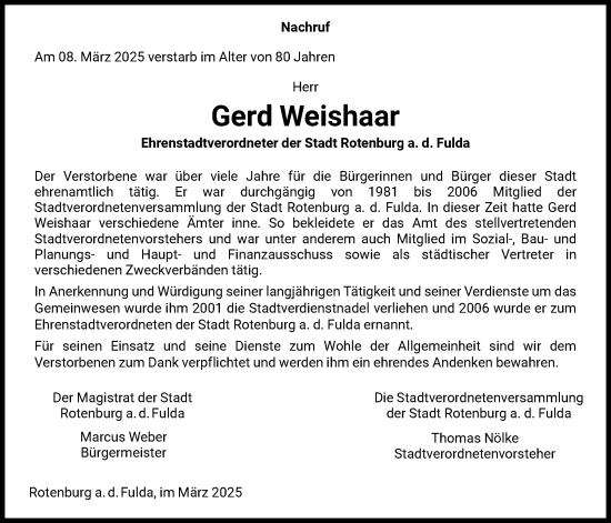Todesanzeige von Gerd Weishaar von HNA