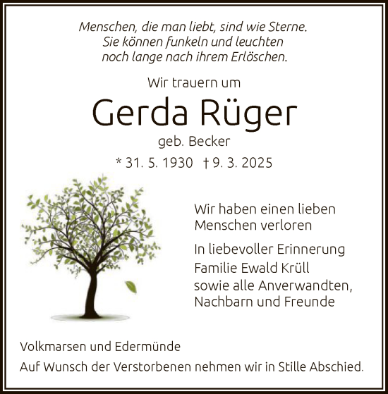 Todesanzeige von Gerda Rüger von HNA