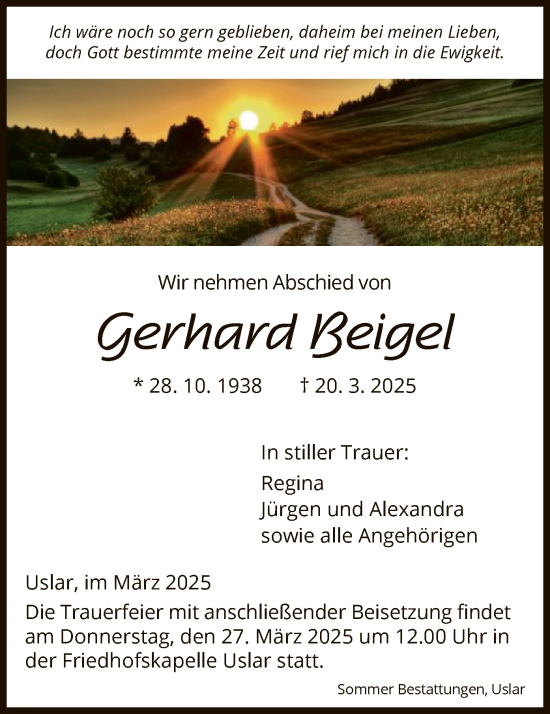 Todesanzeige von Gerhard Beigel von HNA