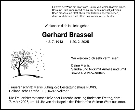 Todesanzeige von Gerhard Brassel von HNA