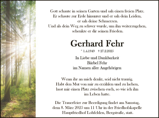 Todesanzeige von Gerhard Fehr von HNA