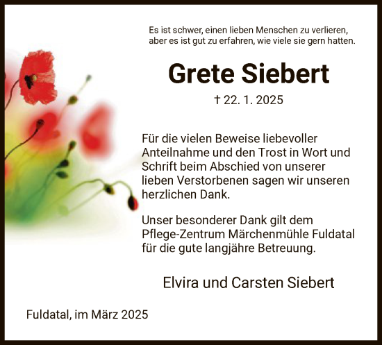 Todesanzeige von Grete Siebert von HNA