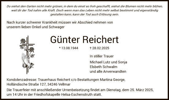 Todesanzeige von Günter Reichert von HNA