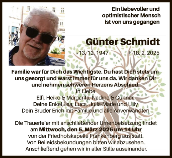 Todesanzeige von Günter Schmidt von HNA