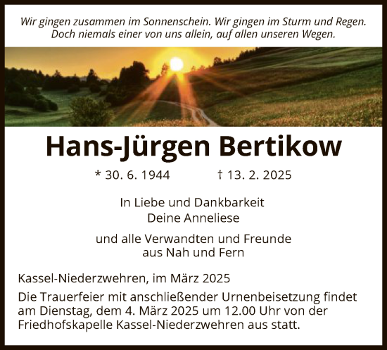 Todesanzeige von Hans-Jürgen Bertikow von HNA