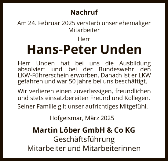 Todesanzeige von Hans-Peter Unden von HNA