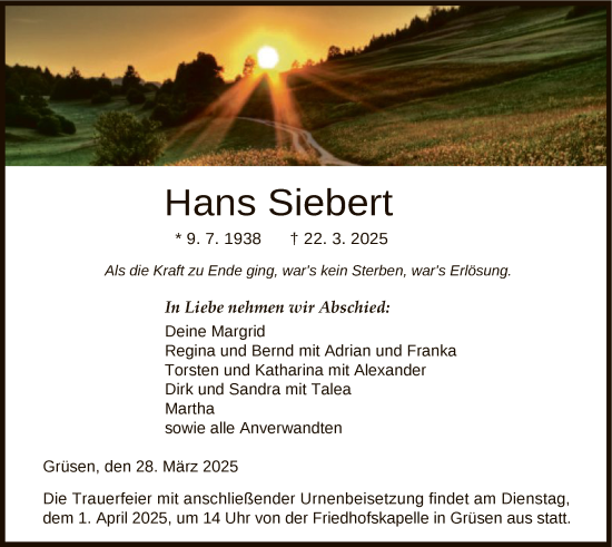 Todesanzeige von Hans Siebert von HNA