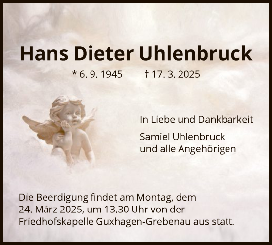 Todesanzeige von Hans Dieter Uhlenbruck von HNAHNA