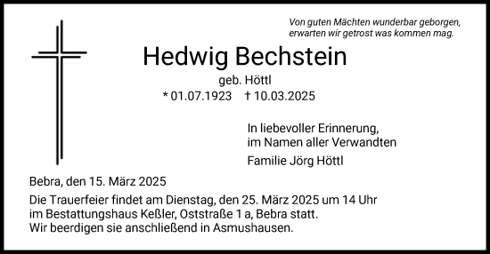 Todesanzeige von Hedwig Bechstein von HNA